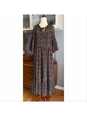 FATE Black Floral Print Chiffon Tiered Maxi Dress Boho Cottagecore whimsy